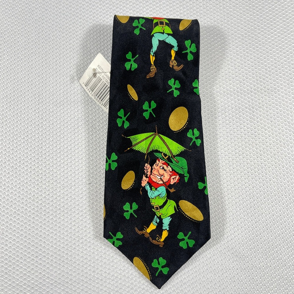 NWT Keith Daniels Mens St Patricks Day Leprechaun Shamrock Gold Coin Blk Necktie